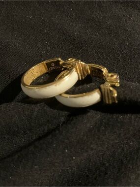 Monet White Enamel Hoop Clip On Earrings with Gold Accents